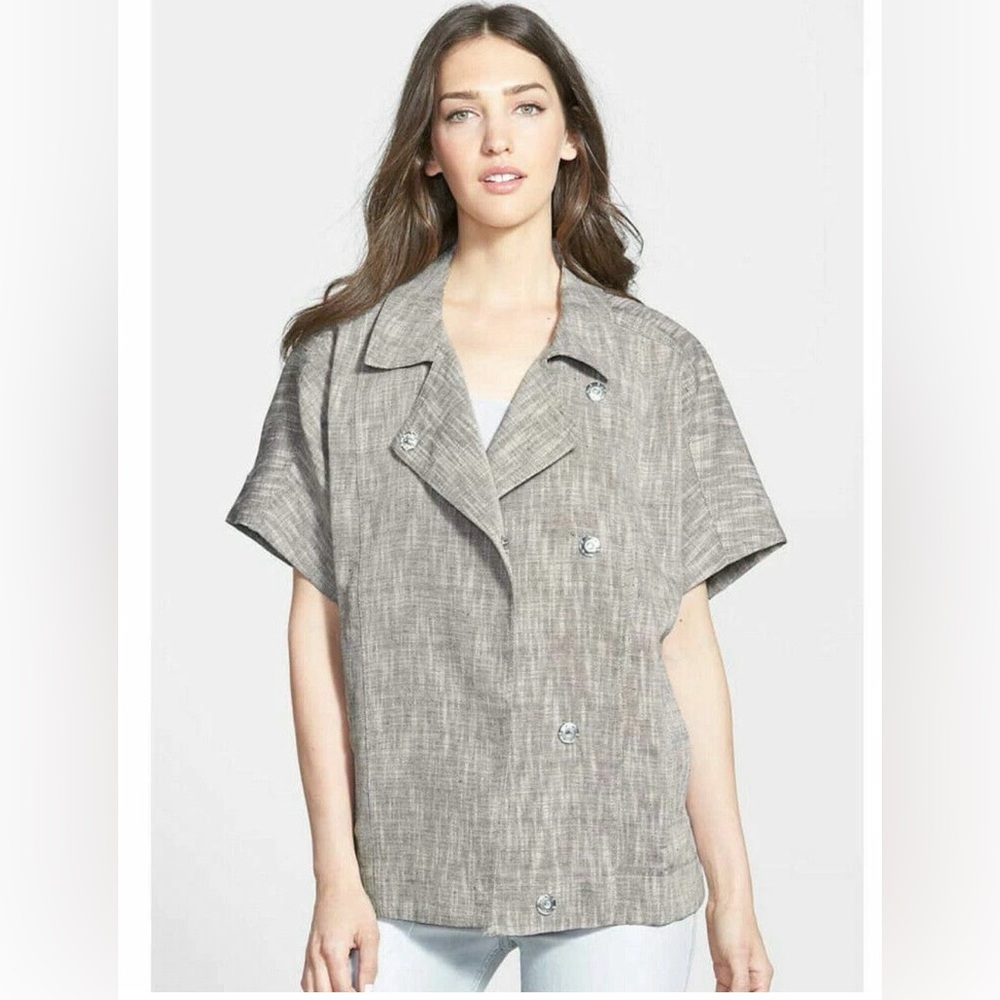 EILEEN FISHER Dark Pearl Gray Cotton Linen Linear Slub Boxy Jacket